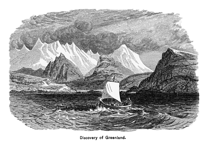 Grabado que muestra la llegada e Eric el Rojo a Groenlandia en el 985 A.C.